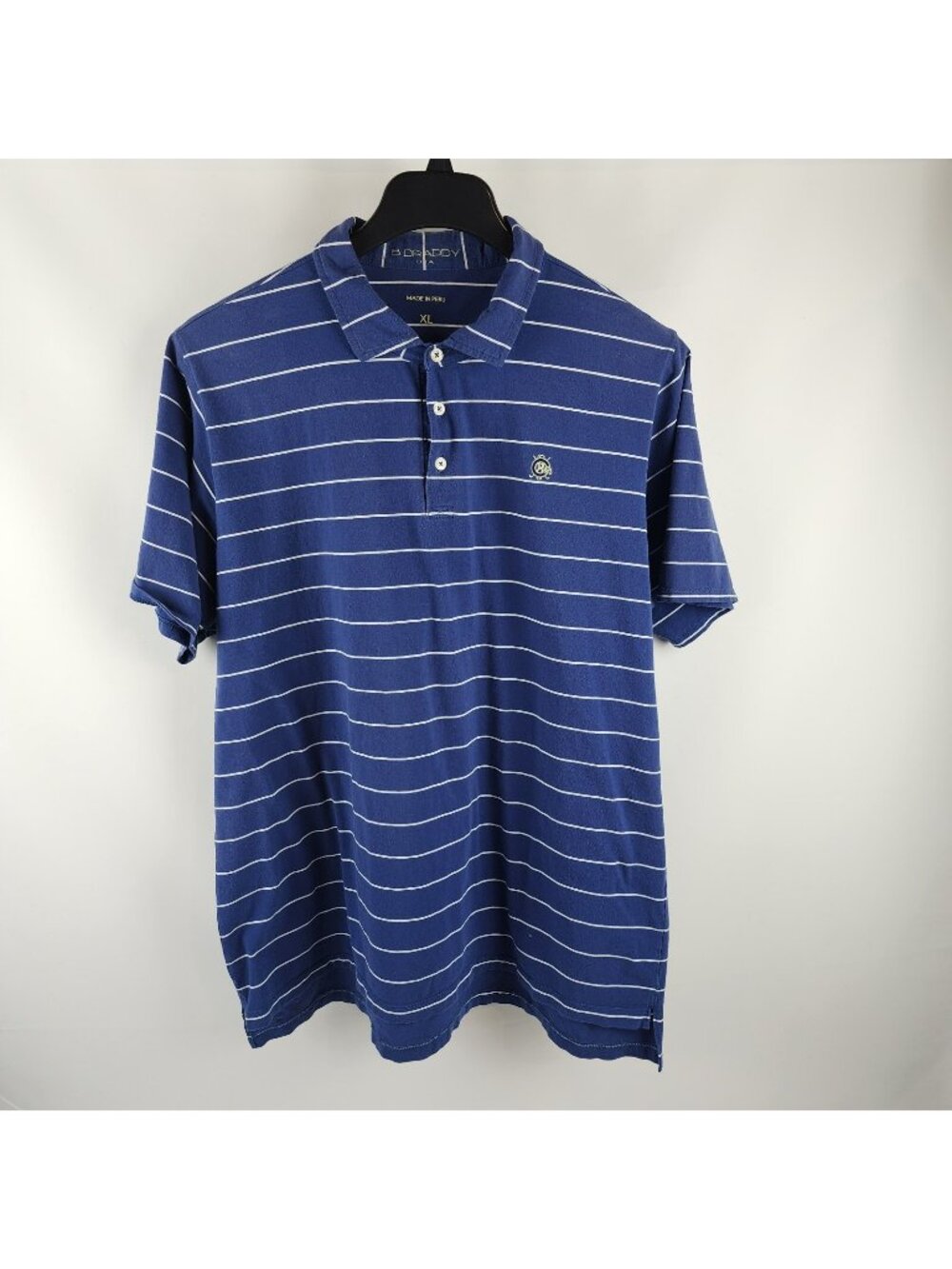 B Draddy Shirt Mens XL Blue White Striped Golf Short Sleeve Polo Logo